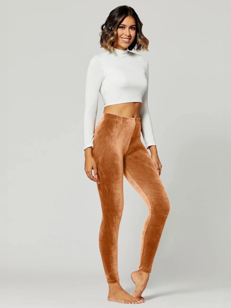 Conceited Velvet Leggings for Women - Soft Warm Velour Pants - Tan/Camel - Medium - Image 3